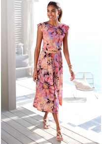 Midikleid Lascana, Damen, Gr. 46, N-Gr, pink (pink bedruckt), Single Jersey, Obermaterial: 100% Viskose, bedruckt, figurumspielend wadenlang, Rundhals, Fl&uuml;gel&auml;rmel R&uuml;schen, Kleider Midikleid, mit R&uuml;schen&auml;rmeln, Topseller