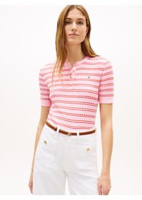 Strickpullover Tommy Hilfiger "CO CABLE FINE GG SS HENLEY", Damen, Gr. M (40), preppy stp classic pink fireworks, Strick, Obermaterial: 100% Baumwolle, gestreift, bequem normal, Rundhals, Pullover Strickpullover, mit Zopfmuster
