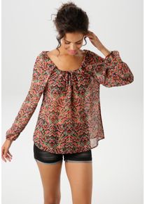 Schlupfbluse Aniston CASUAL, Damen, Gr. 42, bunt (schwarz, beige, gr&uuml;n, rot, pink, orange), Georgette, Obermaterial: 100% Polyester, bedruckt, gemustert, leicht transparent, l&auml;ssig geschnitten h&uuml;ftbedeckend, Carmenausschnitt, Raglan&auml;rmel elastischer Bund mit Gummizug, Blusen Schlupfbluse, mit raffiniertem Cut-Out im R&uuml;cken