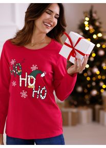 Langarmshirt Classic Basics "Rundhals-Shirt", Damen, Gr. 48, rot (rot, wei&szlig;), 100% Baumwolle, bedruckt, gemustert, Rundhals, Shirts Langarmshirt