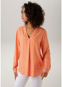 Schlupfbluse Aniston CASUAL, Damen, Gr. 40, bunt (orange, wei&szlig;, pink), Web, Obermaterial: 100% Viskose, bedruckt, gemustert, l&auml;ssig geschnitten Po-bedeckend, V-Ausschnitt, 1-Knopf-Manschette, Blusen Schlupfbluse, mit extravagantem, graphischem Druck, Topseller