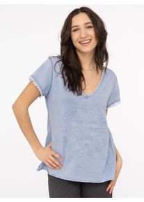 T-Shirt Zwillingsherz "Positive Mind", Damen, Gr. XXL/XXXL, jeans, Stoff, Obermaterial: 100% Baumwolle, h&uuml;ftbedeckend, V-Ausschnitt, Shirts T-Shirt, V-Ausschnitt, Kurzarm, Used-Look, Baumwolle, ausgefranste Kanten