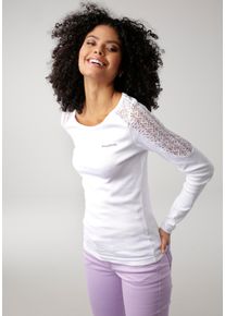 Langarmshirt Kangaroos, Damen, Gr. 40/42, wei&szlig;, Rippware, Obermaterial: 100% Baumwolle. Spitze: 70% Baumwolle, 30% Polyamid, bedruckt, kontrastfarbene Details, unifarben, sehr figurbetont h&uuml;ftbedeckend, Rundhals, Shirts Langarmshirt, Langarm, sehr figurbetonte Passform, aus Rippware, Topseller