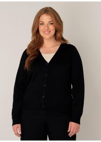 Cardigan Base Level Curvy "BAS-YVONNE", Damen, Gr. 52, schwarz, Feinstrick, Obermaterial: 80% Viskose, 20% Polyamid, unifarben, normal h&uuml;ftlang, V-Ausschnitt, B&uuml;ndchen, Strickjacken Cardigan, mit V-Ausschnitt und Knopfleiste
