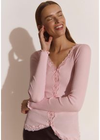 Strickjacke rosemunde "Babette Silk Cardigan", Damen, Gr. XS, pink (pink a boo), Feinripp, Obermaterial: 70% Seide, 30% Baumwolle, h&uuml;ftlang, V-Ausschnitt, gewellter Abschluss, Strickjacken Strickjacke, Vintage-Spitzenbesatz, Perlmuttknopfleiste, Langarm, Seidenmix