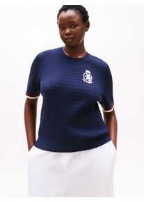Strickpullover Tommy Hilfiger Curve "CRV CO CABLE FINE GG GPC SS SWT", Damen, Gr. 48, blau (schwarz night navy gs tipping), Strick, Obermaterial: 100% Baumwolle, unifarben mit Farbeinsatz, Rundhals, B&uuml;ndchen, Pullover Strickpullover, in gro&szlig;en Gr&ouml;&szlig;en, mit Zopfmuster