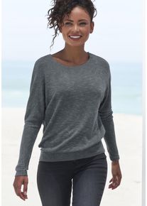 Langarmshirt Vivance "mit breitem Bund", Damen, Gr. 44/46, grau (graugr&uuml;n), Feinstrick, Obermaterial: 55% Polyester (REPREVE), 43% Viskose, 2% Elasthan, meliert, bequem normal, Rundhals, Shirts Langarmshirt, aus strukturiertem Feinstrick mit Viskose, Topseller