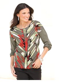 Langarmshirt Classic Basics "Langarm-Shirt", Damen, Gr. 44, bunt (khaki, rostrot, bedruckt), 100% Baumwolle, gemustert, mehrfarbig, Rundhals, Shirts Langarmshirt