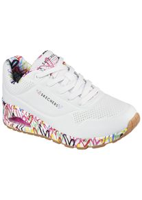 Wedgesneaker Skechers "UNO-LOVING LOVE", Damen, Gr. 35, bunt (wei&szlig;, bunt), Lederimitat, Schuhe Wedgesneaker, Freizeitschuh, Halbschuh, Schn&uuml;rschuh mit coolem Graffiti-Print, Topseller