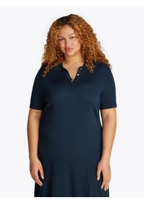 Strickkleid Tommy Hilfiger Curve "CRV RIB BTN F&F POLO SWT DRESS", Damen, Gr. 48, N-Gr, blau (schwarz night navy), Strick, Obermaterial: 71% Viskose, 22% Polyamid, 7% Elasthan, unifarben, tailliert knielang, V-Ausschnitt, elastischer Bund, Kleider Strickkleid, in Gro&szlig;en Gr&ouml;&szlig;en, Polokragen, Logostickerei