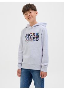 Jack & Jones Kapuzensweatshirt JACK & JONES JUNIOR "JJGEPLAS SWEAT HOOD JNR", Jungen, Gr. 128, wei&szlig; (wei&szlig; melange), angeraute Sweatware, Obermaterial: 70% Baumwolle, 30% Polyester, bedruckt, regular fit normal, Rippb&uuml;ndchen, Sweatshirts Kapuzensweatshirt