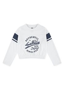 Longsleeve LEVI'S KIDS "LVG VARSITY LS TEE", M&auml;dchen, Gr. 10 (140), blanc de blanc, Jersey, Obermaterial: 62% Polyester, 34% Viskose, 4% Elasthan, bedruckt, regular fit taillenlang, Rundhals, angesetztes B&uuml;ndchen, Shirts Longsleeve, Cropped - for Girls