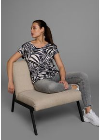 Shirtbluse Laura Scott, Damen, Gr. 34, wei&szlig;, navy, animal, Web, Obermaterial: 100% Polyester. R&uuml;ckenteil: 95% Viskose, 5% Elasthan, bedruckt, figurumspielend h&uuml;ftlang, V-Ausschnitt, Blusen Shirtbluse, in Shirt-Optik, vorne leichtgl&auml;nzender Satin