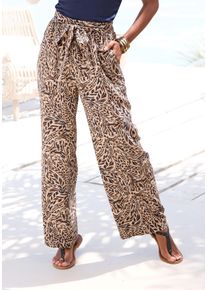 Palazzohose Buffalo, Damen, Gr. 46, N-Gr, bunt (beige, jeansblau bedruckt), Web, Obermaterial: 100% Viskose, bedruckt, figurumspielend bodenlang, Hosen Palazzohose, aus gewebter Viskose, Stoffhose mit Taschen und G&uuml;rtel, Sommerhose, Topseller