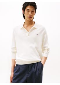 Polokragenpullover Tommy Hilfiger "PIMA ORG CTN CASHMERE LS POLO", Herren, Gr. XL, ivory petal, Strick, Obermaterial: 92% Baumwolle, 8% Kaschmir, regular fit, Pullover Polokragenpullover, Flag-Stickerei auf Brust