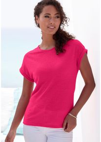 T-Shirt Vivance "mit modischer Struktur", Damen, Gr. 44/46, orange (koralle, creme), Strick, Obermaterial: 65% Polyester (REPREVE), 35% Baumwolle, Strukturmuster, unifarben, Basic, bequem, Rundhals, mit Aufschlag Aufschlag, Shirts T-Shirt, aus b&uuml;gelfreier Qualit&auml;t mit Baumwolle, Topseller