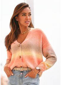 Strickjacke Lascana, Damen, Gr. 36/38, bunt (apricot, gelb, braun), Strick, Obermaterial: 78% Polyacryl, 22% Polyester, mehrfarbig, figurumspielend h&uuml;ftlang, V-Ausschnitt, Strickjacken Strickjacke, mit Farbverlauf, weicher Cardigan, modische Passform