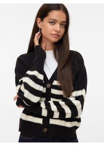 V&eacute;ro Moda Strickjacke VERO MODA "VMLEA LS V-NECK CUFF CARDIGAN NOOS", Damen, Gr. L, schwarz (schwarz detail:cloud dancer stripes), Strick, Obermaterial: 100% Polyacryl, gestreift, regular fit normal, V-Ausschnitt, Rippb&uuml;ndchen, Strickjacken Strickjacke, Rippstrick