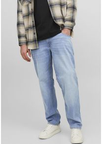Jack & Jones PlusSize Tapered-fit-Jeans "JJIMIKE mit Abriebeffekten und funktionalen Taschen", Herren, Gr. 42, L&auml;nge 34, blau (blau denim), Denim/Jeans, Obermaterial: 76% Baumwolle, 22% Polyester, 2% Elasthan, JACK & JONES PLUSSIZE, Abriebeffekte, bequem normal, Jeans Tapered-fit-Jeans, mit Used-Optik
