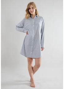 Nachthemd Tom Tailor "Manila", Damen, Gr. 36 (S), N-Gr, blau, Single Jersey, Obermaterial: 100% Baumwolle, gestreift, ca. Mitte Oberschenkel, hoch geschlossener Ausschnitt, Kleider Nachthemd, mit Knopfleiste, Kragen, V-Ausschnitt, Langarm, atmungsaktiv, locker