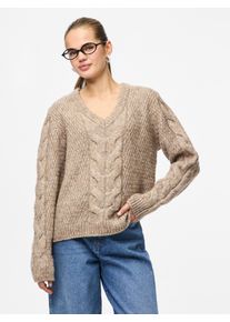Strickpullover Pieces "PCNINA LS V-NECK KNIT NOOS BC", Damen, Gr. XS, beige (fossil), Strick, Obermaterial: 82% Polyester, 14% Polyacryl, 4% Wolle, unifarben, regular fit h&uuml;ftbedeckend, V-Ausschnitt, Rippstrickb&uuml;ndchen, Pullover Strickpullover