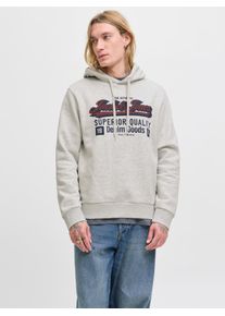 Jack & Jones Kapuzensweatshirt JACK & JONES "JJELOGO SWEAT HOOD 2 COL 25/26 NOOS", Herren, Gr. S, wei&szlig; (wei&szlig; melange), angeraute Sweatware, Obermaterial: 70% Baumwolle, 30% Polyester, bedruckt, meliert, regular fit normal, Rundhals, Rippb&uuml;ndchen, Sweatshirts Kapuzensweatshirt, mit stylischem Print