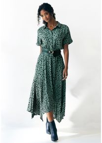 Druckkleid Lascana, Damen, Gr. 42, N-Gr, gr&uuml;n (gr&uuml;n, schwarz bedruckt), Web, Obermaterial: 100% Viskose, bedruckt, figurumspielend ca. Mitte Wade, Kleider Druckkleid, mit Punktedruck und asymmetrischem Saum, Hemdblusenkleid, Midikleid, Topseller