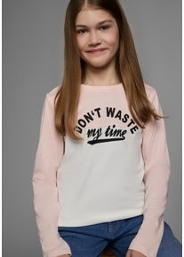 Langarmshirt Kidsworld "Mit Spr&uuml;che-Druck: Don&acute;t waste my time", M&auml;dchen, Gr. 176/182, wei&szlig; (rosa, naturwei&szlig;), Single Jersey, Obermaterial: 100% Baumwolle, bedruckt, mehrfarbig, Basic h&uuml;ftlang, Rundhals, abgesteppte Kante, Shirts Langarmshirt, Langarm, Basic-Passform, Colourblocking-Optik, Rundhalsausschnitt