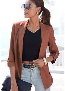 Longblazer Lascana, Damen, Gr. 46, nougat, Web, Obermaterial: 45% Viskose, 40% Polyester, 12% Polyamid, 3% Elasthan. Futter: 100% Polyester, unifarben, figurumspielend h&uuml;ftbedeckend, mit Riegel, Blazer Longblazer, mit gerafften &Auml;rmeln, Topseller