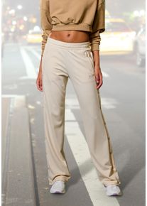 Loungepants French Connection, Damen, Gr. 44/46, N-Gr, beige, Obermaterial: 70% Viskose, 25% Polyamid, 5% Elasthan, bestickt, unifarben, bequem lang, Hosen Loungepants, mit Druckkn&ouml;pfen seitlich am Bein