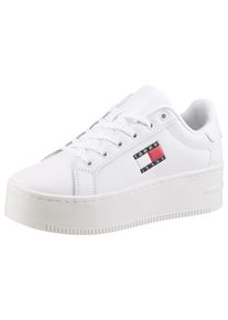 Plateausneaker Tommy Jeans "TJW FLATFORM SNEAKER", Damen, Gr. 36, wei&szlig;, Leder, Textil, unifarben, Schuhe Plateausneaker, Freizeitschuh, Halbschuh, Schn&uuml;rschuh mit Schaftrandpolsterung