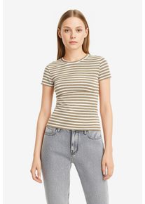 Jacqueline de Yong Rundhalsshirt JDY "JDYSOLAR S/S O NECK TOP JRS NOOS", Damen, Gr. L, wei&szlig; (trench coat stripes:cloud dancer), Single Jersey, Obermaterial: 95% Baumwolle, 5% Elasthan, gestreift, regular fit normal, Rundhals, Shirts Rundhalsshirt