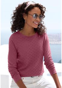 Langarmshirt Vivance "mit modischem Ajour-Muster", Damen, Gr. 32/34, lila (beere), Feinstrick, Obermaterial: 60% Baumwolle, 40% Polyester, Basic schmal normal, Rundhals, abgesteppt, Shirts Langarmshirt, aus weichem Baumwollstrick, Topseller