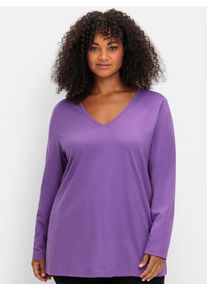V-Shirt sheego "Langarmshirt", Damen, Gr. 56/58, lila, 100% Baumwolle, unifarben, V-Ausschnitt, Shirts V-Shirt