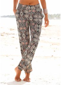 Strandhose s.Oliver, Damen, Gr. 34, N-Gr, blau (marine, bedruckt), Jersey, Obermaterial: 100% Viskose, figurumspielend lang, Hosen Strandhose, mit Alloverprint und Taschen, Stoffhose, Sommerhose, elastisch, Topseller