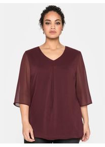 Chiffonbluse sheego, Damen, Gr. 58, rot (weinrot), 100% Polyester, unifarben, V-Ausschnitt, Blusen Chiffonbluse