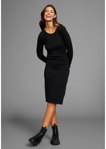 Strickkleid Laura Scott, Damen, Gr. 34, N-Gr, schwarz, Strick, Obermaterial: 70% Viskose, 30% Polyamid, clean, unifarben, figurbetont kniebedeckend, Rundhals, B&uuml;ndchen, Kleider Strickkleid, L&auml;nge kniebedeckt mit seitlichen Kn&ouml;pfen