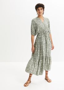 Midikleid bonprix "Midikleid aus flie&szlig;ender Viskose", Damen, Gr. 40, N-Gr, gr&uuml;n (dunkelgr&uuml;n, sandbeige graphisch), Obermaterial: 100% Viskose, ausgestellt, Kleider Midikleid, aus Viskose, ausgestellte Passform, mit Fledermaus&auml;rmeln