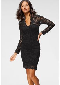 Spitzenkleid Laura Scott, Damen, Gr. 32, N-Gr, schwarz, Spitze, Obermaterial: 95% Polyester, 5% Elasthan. Futter: 95% Viskose, 5% Elasthan, unifarben, figurbetont kniefrei, V-Ausschnitt, gewellter Abschluss, Kleider Spitzenkleid, festliche Anl&auml;sse und Partys, Minikleid, kniefrei, elegant, Topseller