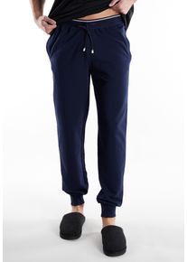 Pyjamahose Bugatti "Bologna", Herren, Gr. 58, N-Gr, blau (blau, dunkel, uni), Obermaterial: 51% Polyester, 46% Baumwolle, 3% Elasthan, lang, Hosen Pyjamahose, mit Seitentaschen, niedriger Bund, bequem, elastisch, Materialmix