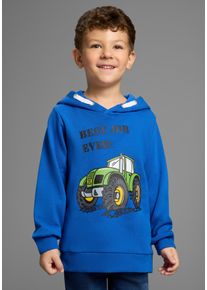 Kapuzensweatshirt Kidsworld "BEST JOB EVER", Jungen, Gr. 140/146, blau (royalblau), angeraute Sweatware, Obermaterial: 100% Baumwolle. Kapuzenfutter: 100% Baumwolle, bedruckt, Basic, B&uuml;ndchen, Sweatshirts Kapuzensweatshirt, Kapuzensweatshirt mit Traktor-Print, Topseller