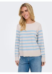 Rundhalspullover Only "ONLAMA LIFE LS RAGLAN O-NECK CC KNT", Damen, Gr. XL (42), beige (birch stripes:soft chambray, melange), Strick, Obermaterial: 80% Polyester, 16% Viskose, 4% Elasthan, gestreift, meliert, normal normal, Rundhals, Pullover Rundhalspullover