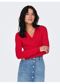 Polokragenpullover Only "ONLKAYA LS POLO PULLOVER EX KNT", Damen, Gr. M, rot (racing rot), Strick, Obermaterial: 70% Viskose, 30% Nylon, unifarben, regular fit normal, V-Ausschnitt, Pullover Polokragenpullover, Rippstrick