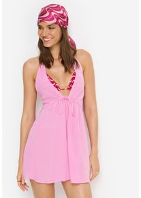 Neckholderkleid LSCN BY LASCANA, Damen, Gr. 42, N-Gr, soft pink, Web, Obermaterial: 58% Viskose, 28% Baumwolle, 14% Leinen, unifarben, figurumspielend mini, tiefer V-Ausschnitt, Kleider Neckholderkleid
