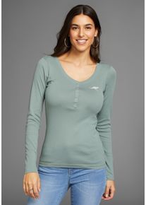 Langarmshirt Kangaroos, Damen, Gr. 36/38, grau (graugr&uuml;n), Rippware, Obermaterial: 100% Baumwolle, unifarben, Basic, figurbetont h&uuml;ftlang, krempelbar, Shirts Langarmshirt, krempelbare &Auml;rmel, figurbetonter Schnitt, mit Logodruck, Topseller