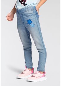 Jeansjeggings Kidsworld "Strecht-Jeans in Schlupfform", M&auml;dchen, Gr. 140, N-Gr, blau (light blau stone), Denim/Jeans, Obermaterial: 75% Baumwolle, 23% Polyester, 2% Elasthan, unifarben, Basic schmal lang, Jeans Jeansjeggings, schmale Beinform, mit Used-Waschung, normale Leibh&ouml;he