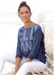 Langarmshirt ELBSAND "Niola", Damen, Gr. XL (42), blau (marine), Jersey, Obermaterial: 50% Baumwolle, 50% Polyester, unifarben, figurumspielend h&uuml;ftlang, Rundhals, Shirts Langarmshirt, mit gro&szlig;em Frontprint, Longsleeve aus Baumwoll-Mix, sportlich-casual, Topseller