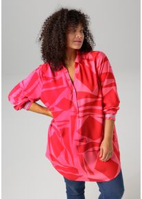 Longbluse ANISTON PLUS, Damen, Gr. 50, pink (pink, rose), Web, Obermaterial: 100% Viskose (LENZING&trade; ECOVERO&trade;), bedruckt, gemustert, l&auml;ssig geschnitten, V-Ausschnitt, 1-Knopf-Manschette, Blusen Longbluse, mit farbenfrohem, gro&szlig;fl&auml;chigem Druck, Topseller