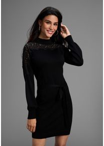 Strickkleid Laura Scott, Damen, Gr. 42, N-Gr, schwarz, Strick, Obermaterial: 70% Viskose, 30% Polyamid, gebl&uuml;mt, unifarben, figurumspielend mini, hoch geschlossener Ausschnitt, Kleider Strickkleid, in Mini-L&auml;nge mit edler Spitze - NEUE KOLLEKTION