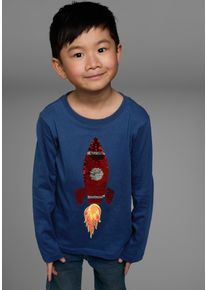 Langarmshirt Kidsworld "Rakete aus Wendepailletten", Jungen, Gr. 116/122, blau (marine), Single Jersey, Obermaterial: 100% Baumwolle, bedruckt, Basic, Rundhals, Shirts Langarmshirt, lang&auml;rmelige, Basic-Passform, aus Jerseystoff, aus Baumwolle, Topseller